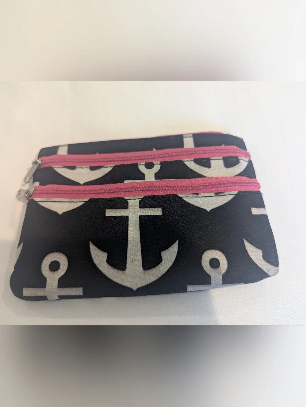 Women’s Navy Anchor Print Cosmetic Bag with Pink Zippers